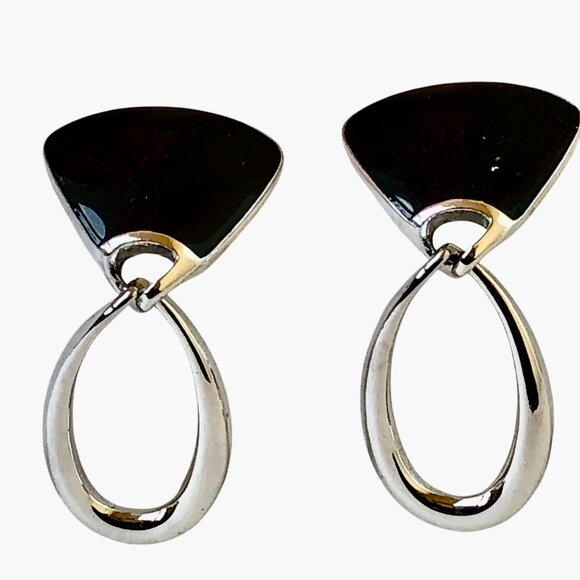 Trifari Vintage Black Enamel Silvertone Dangle Drop Earrings Posts - Picture 7 of 12